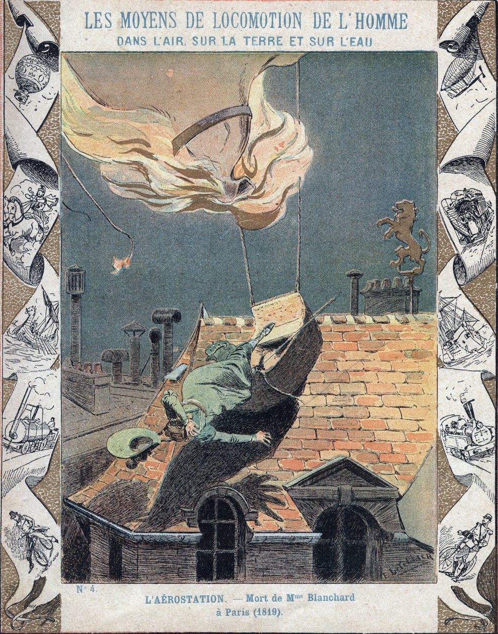 Marie Blanchards, hustru til aeronaut Jean Pierre Blanchards død, da hendes ballon brød i brand under en demonstration over Paris, 6. juni 1819 - Fra et beskyttende hylster til skolebøger, slutningen af det 19. århundrede - Mort de Madame Blanchard - den 1 af E. Letellier