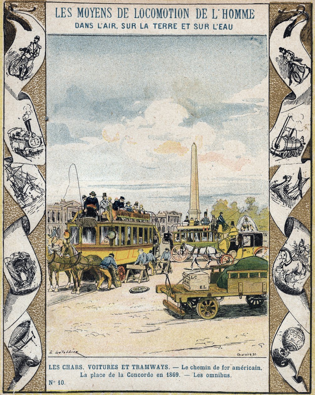 Trafik på Place de la Concorde i Paris i 1869: hestetrukne omnibus og "" chemin de fer americain"" (sporvejslinje) - Fra et beskyttende hylster til skolebøger, slutningen af det 19. århundrede - Tanke, biler og sporveje: den amerikanske jernbane, Place de  af E. Letellier