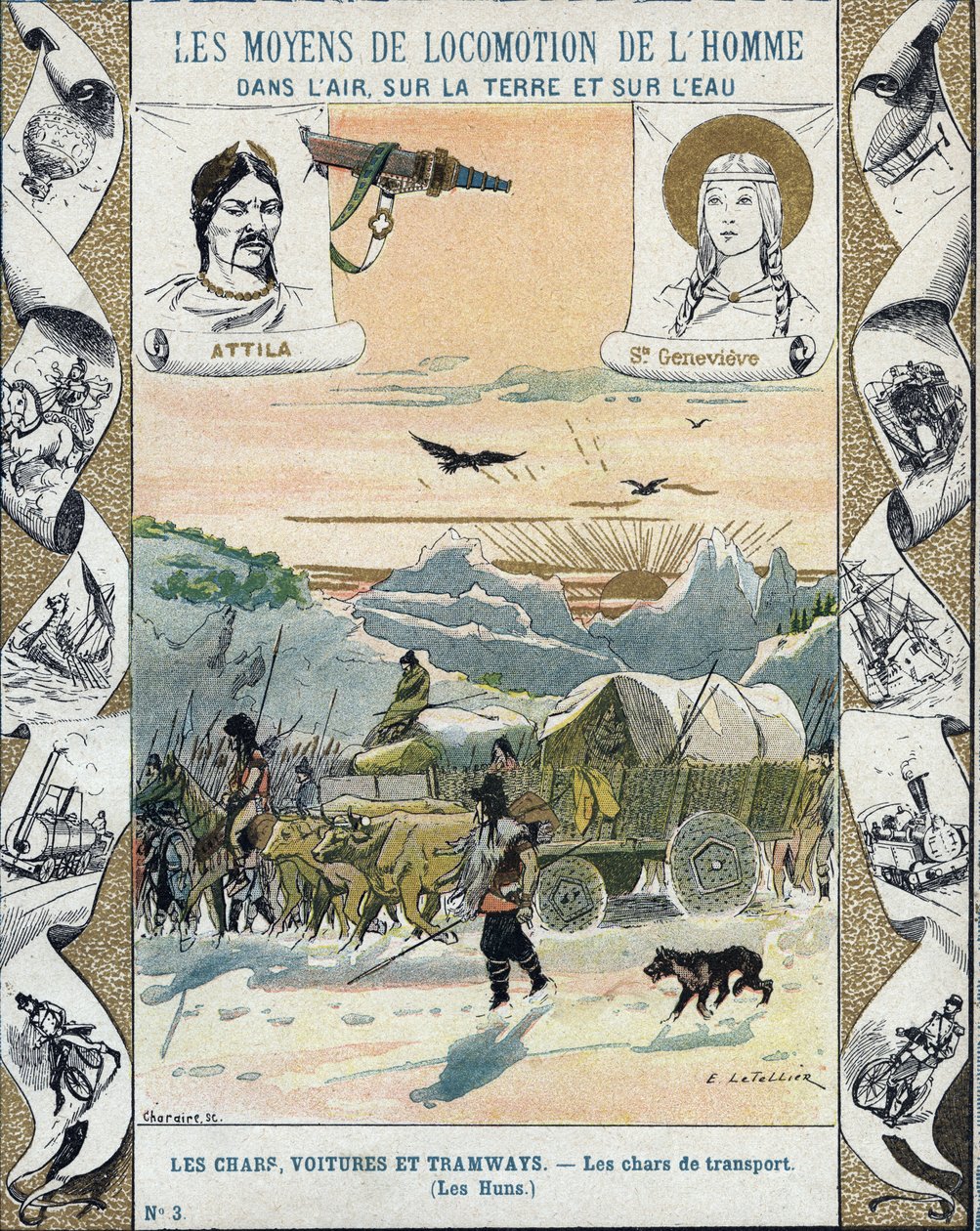 Transporttanke - Hunnerne fra Attila (ca. 395-453) - Barbariske invasioner - illustration af E Letellier - Beskytter historisk notesbog, slutningen af det 19. århundrede - af E. Letellier