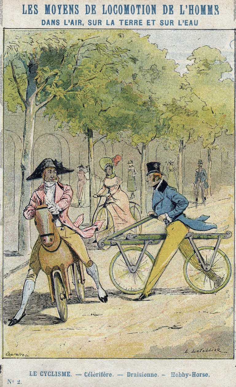 Velocipedes - Engelsk celerifere - Draisienne, cyklens forfader - Fra et beskyttende hylster til skolebøger, slutningen af det 19. århundrede - illustration af E Letellier - Celerifere - Draisienne - Hobby-Horse (Nobby Horse) - Beskyt notesbog historie, fi af E. Letellier