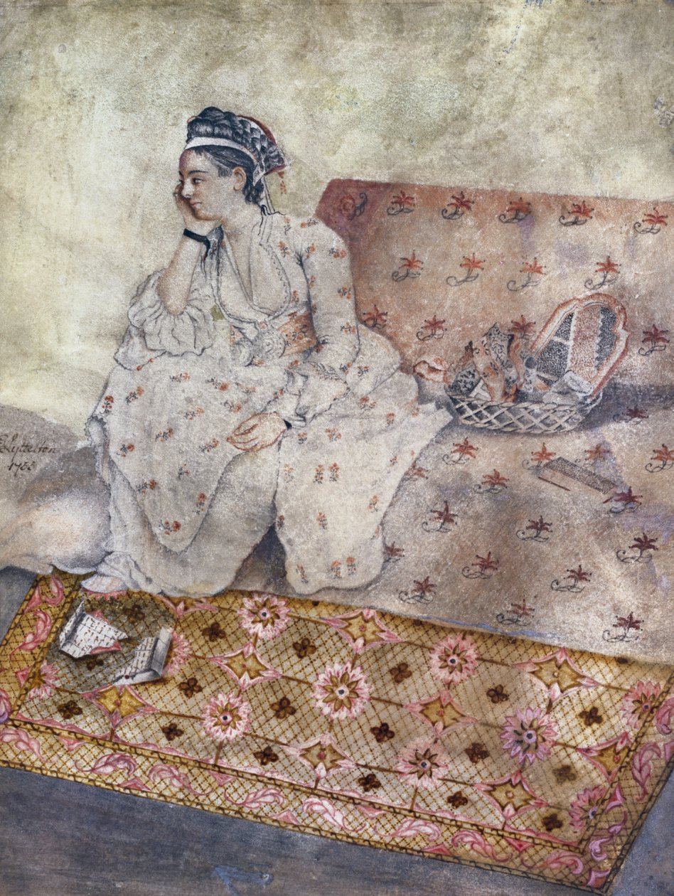 Portræt af Mary Gunning, grevinde af Coventry, efter en tegning af Jean-Etiene Liotard, 1755 (wc på papir) af E. Lyttleton