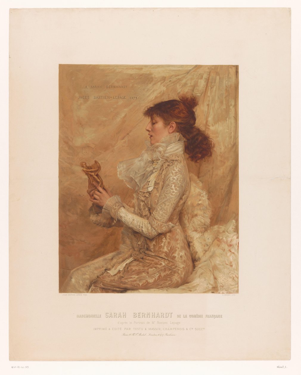 Portræt af Sarah Bernhardt Mademoiselle Sarah Bernhardt fra den franske komedie (titel på objekt) af E. Mémet