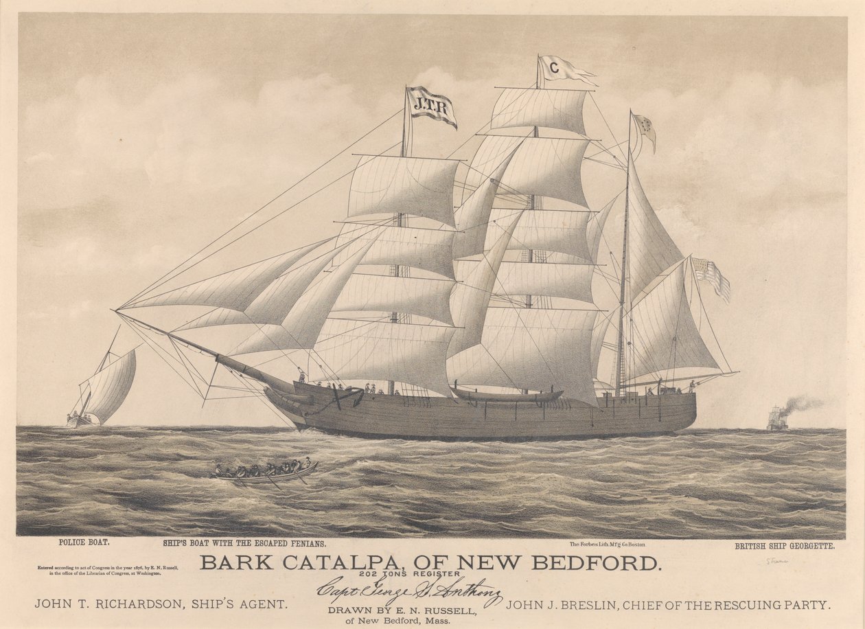 Bark Catalpa fra New Bedford, politibåd, skibsbåd og det britiske skib Georgette af E. N. Russell