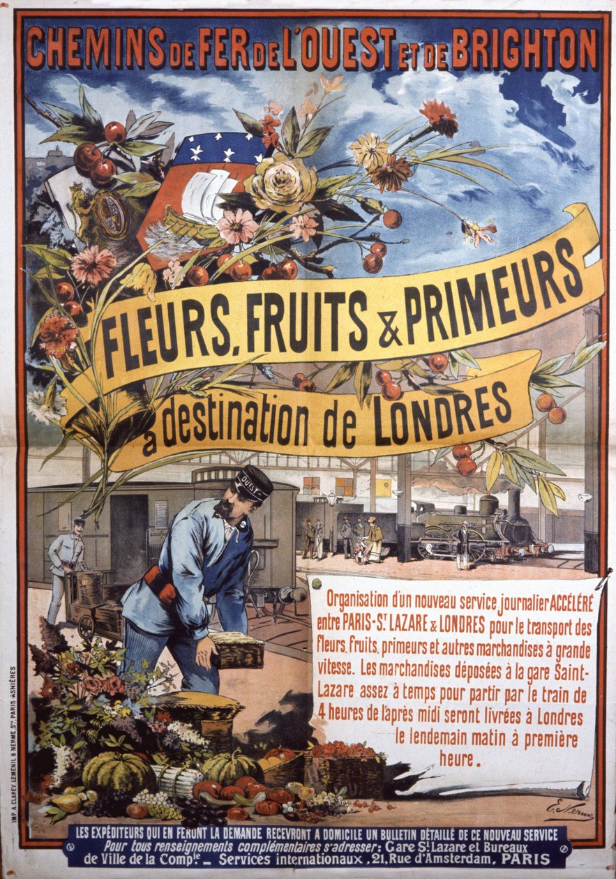 Transport med tog fra Paris til London, slutningen af det 19. århundrede (plakat) af E. Nerme