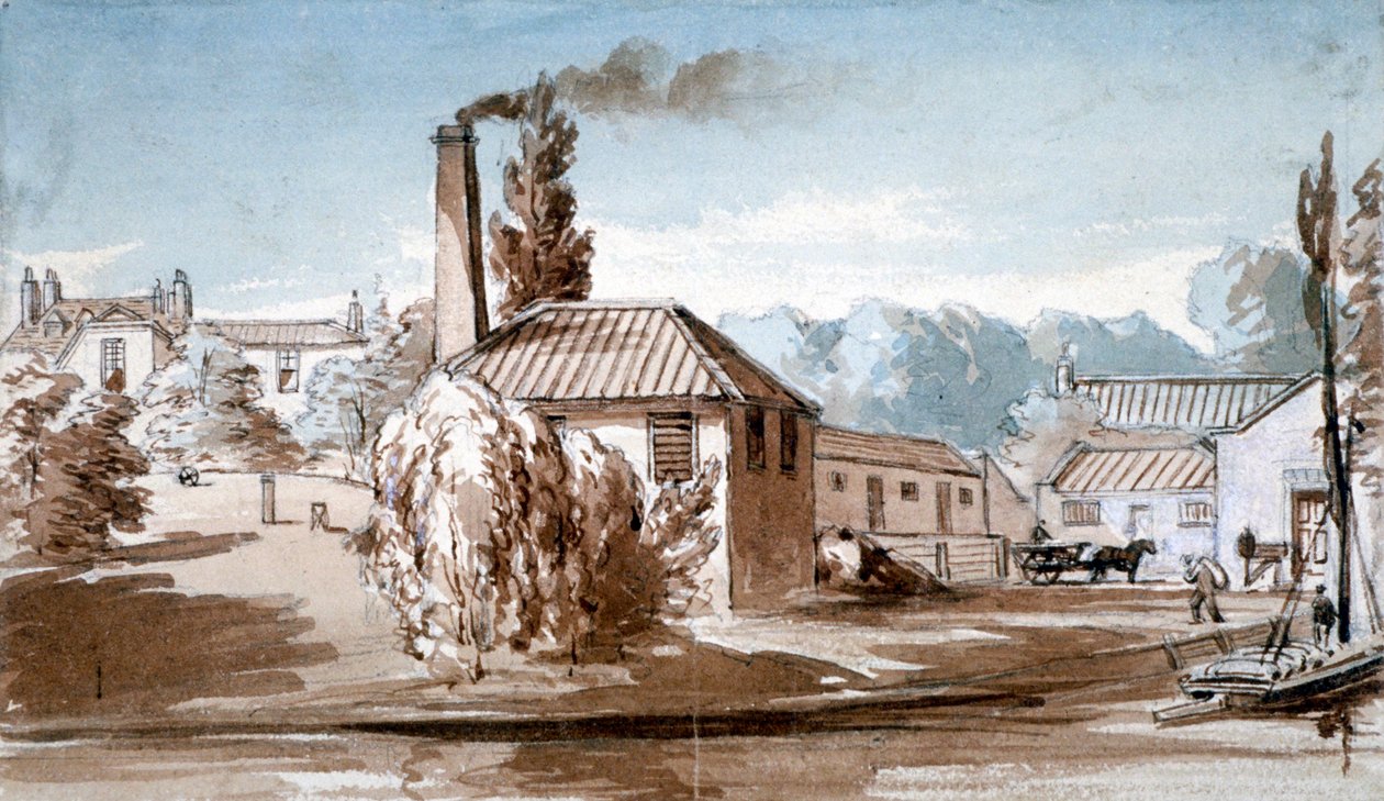 Udsigt over Stephenson og Giles Starch Works på Old Ford, Bow, London, c1830. af E Noyce