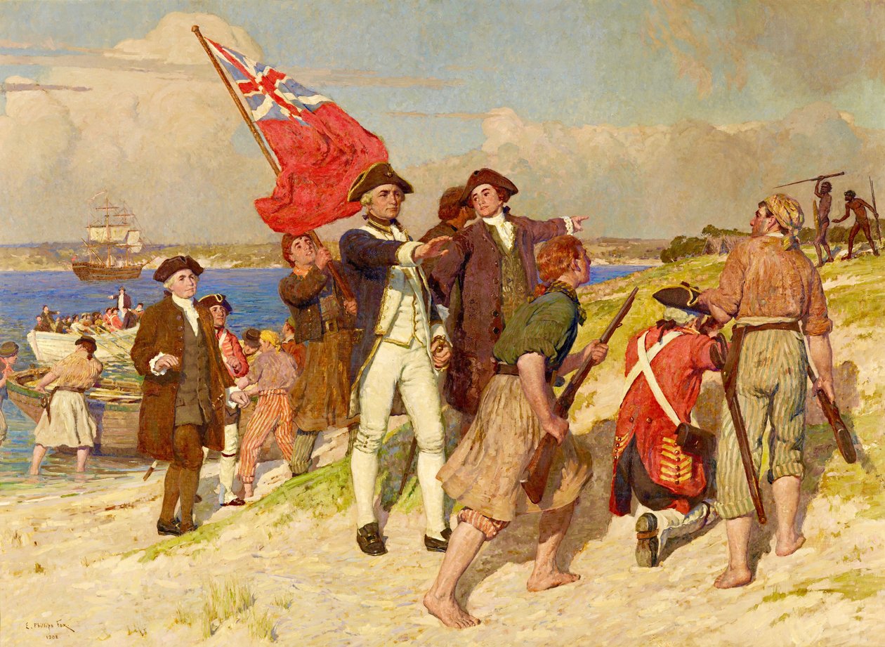 Løjtnant James Cooks landgang i Botany Bay, 29. april 1770 (maleri af E Phillips Fox) af E. Phillips Fox