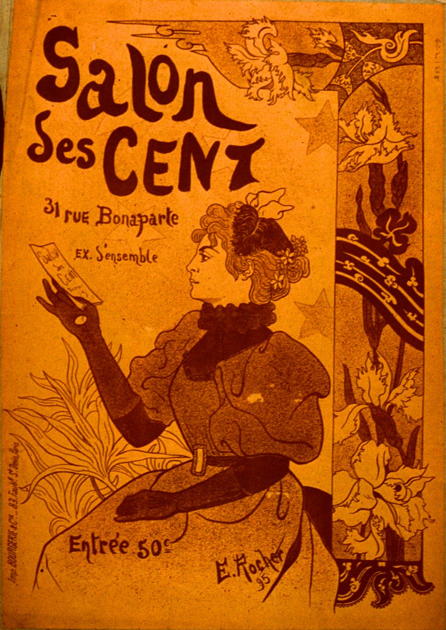 En kvinde undersøger en invitation, Salon des Cent af E. Rocher
