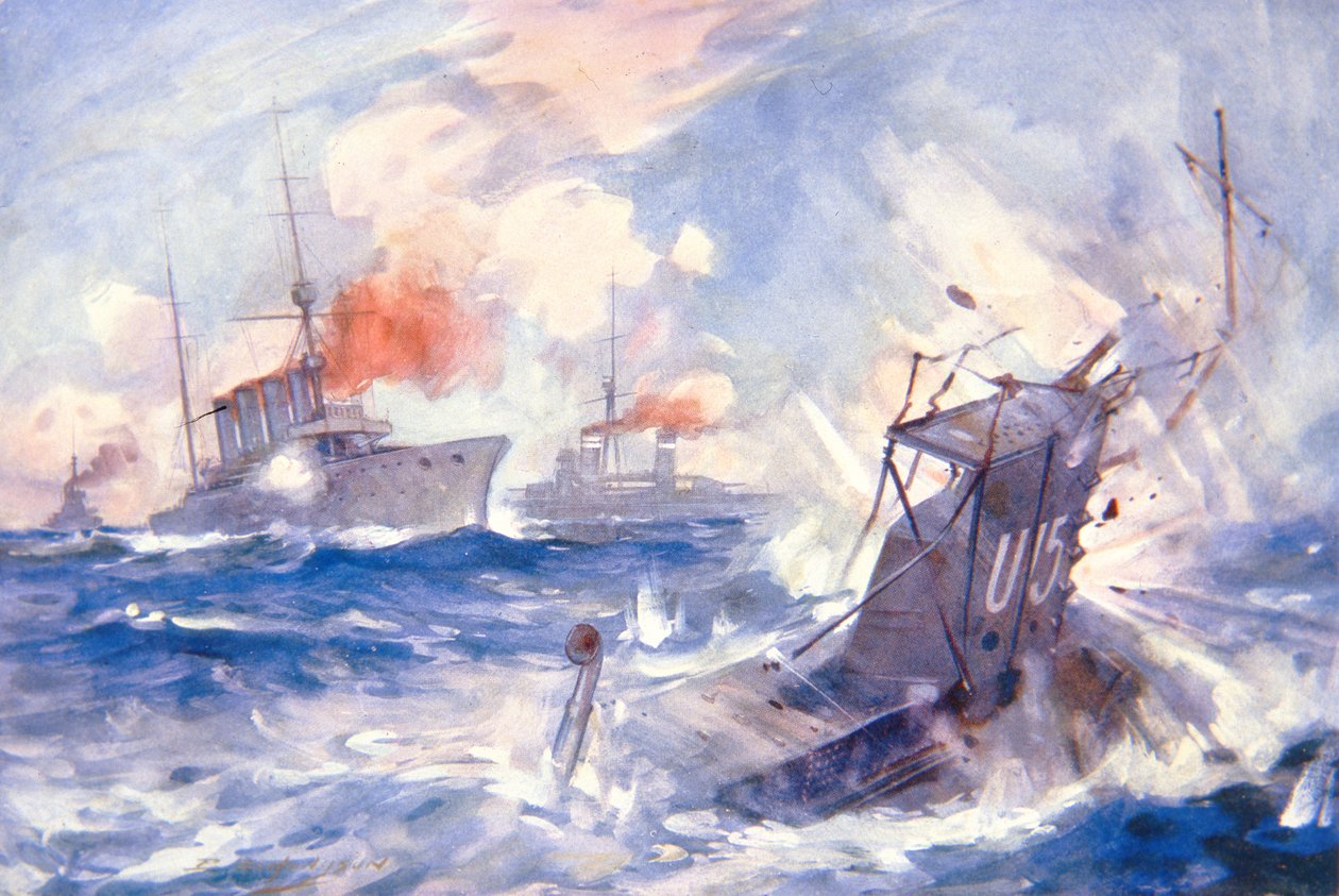 The Sinking of the German Submarine U15 af HMS Birmingham (farve litho) af E. S. (after) Hodgson