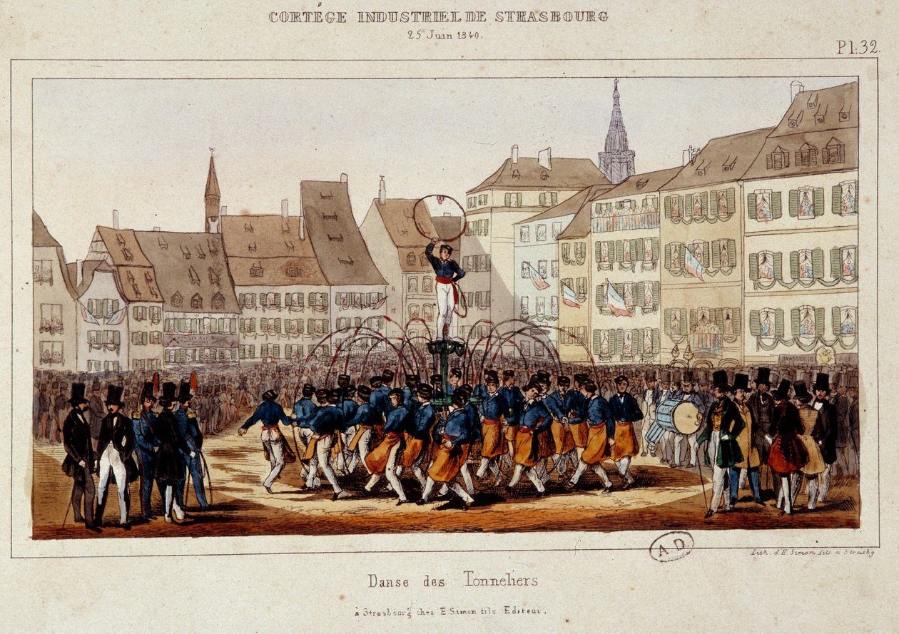 La danse des tonneliers under industrikortege i Strasbourg den 25/06/1840. Litografi af Simon af E. Simon