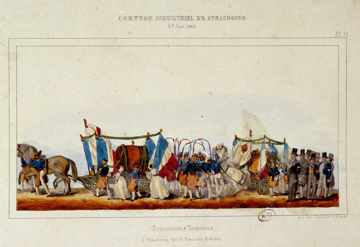 Bryggernes og bødkernes dans under industrikortege i Strasbourg den 25/06/1840. Litografi af Simon af E. Simon