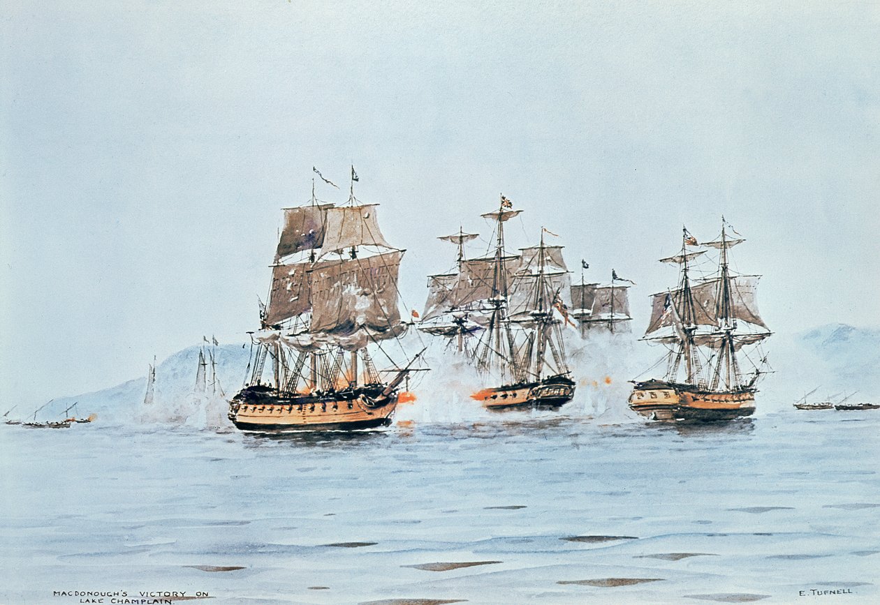 Commodore Macdonough i Saratoga besejrer briterne, Slaget ved Lake Champlain af E. Tufnell