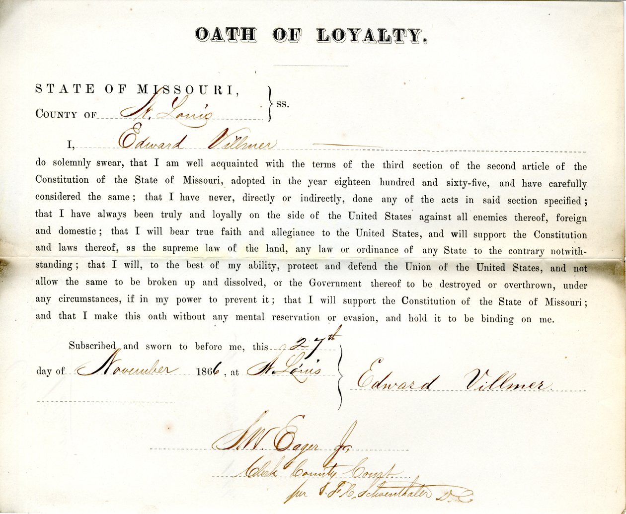 Loyalitet ed af Edward Villmer fra Missouri, County of St. Louis af E. Villmer