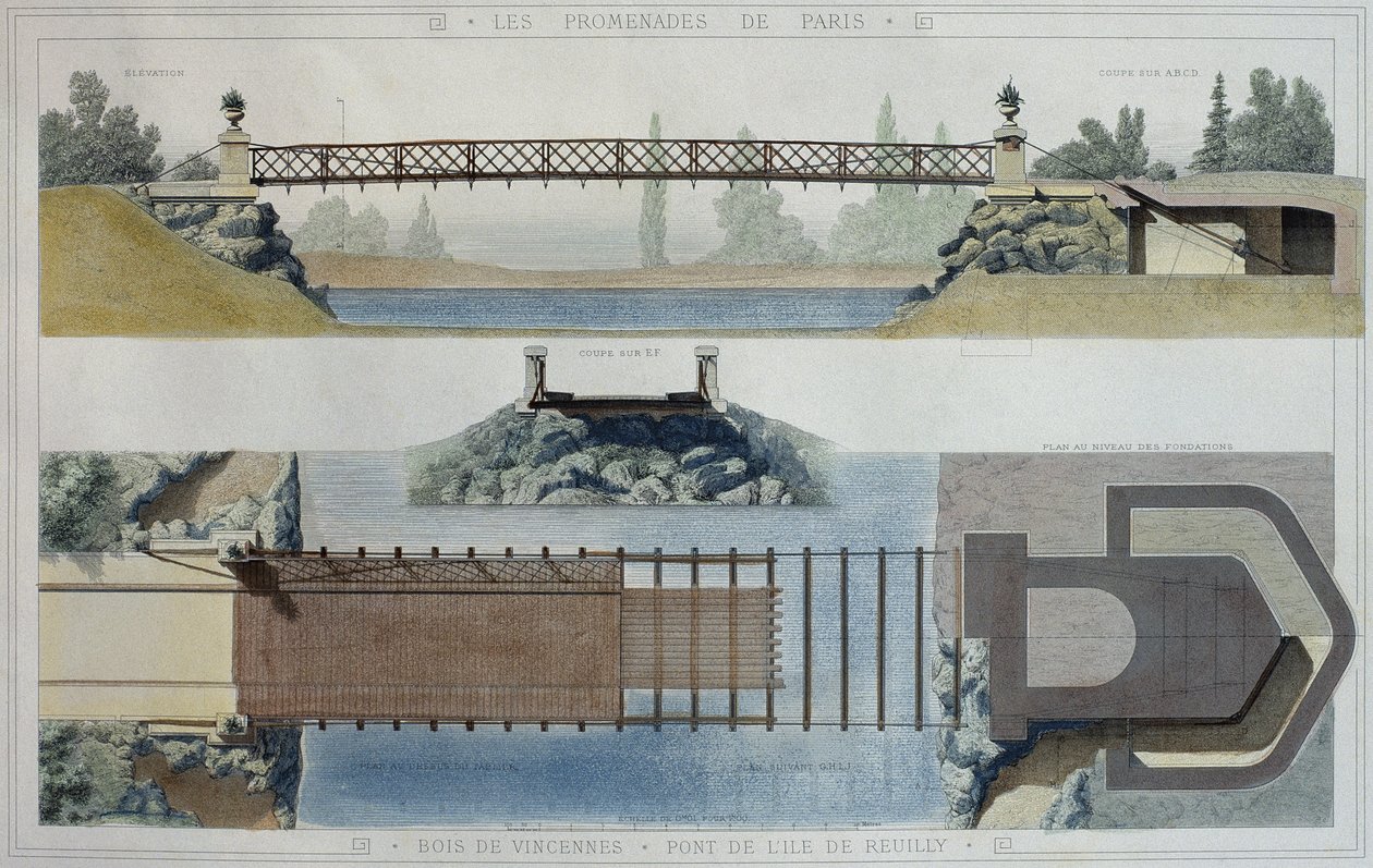 Bois de Vincennes og broen ved Reuilly-øen, illustration fra "Promenades de Paris", graveret af Jean Joseph Sulpis (1826-1911) af E. and Dardoize, Louis Emile Hochereau