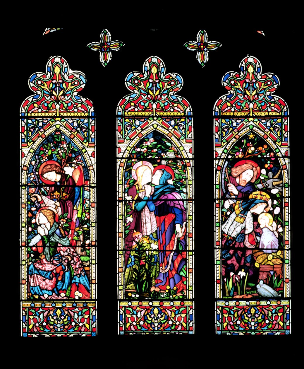 Bebudelsen, visitationen og fødselen, lavet af Lavers og Barraud, 1860 (farvet glas) (se også 11886) af E. and Halliday, M. F. Burne Jones
