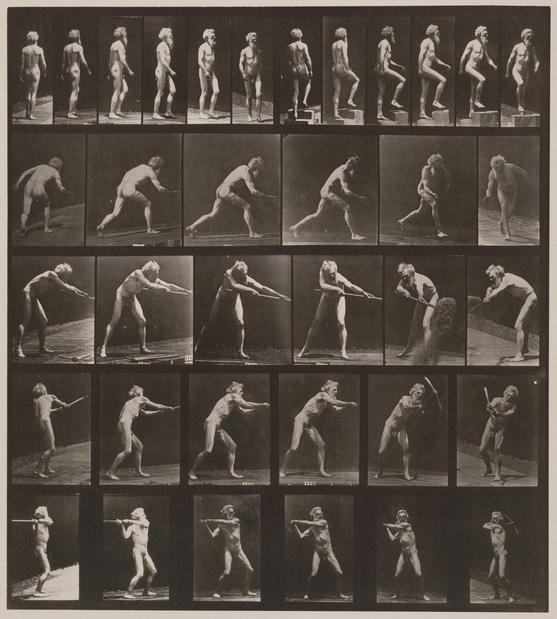 Plade nummer 521. A, gående; B, stigende trin; C, kaste disk; D, ved hjælp af skovl; E, ved hjælp af pick; F, ved hjælp af pick, 1887 (collotype) af Eadweard Muybridge