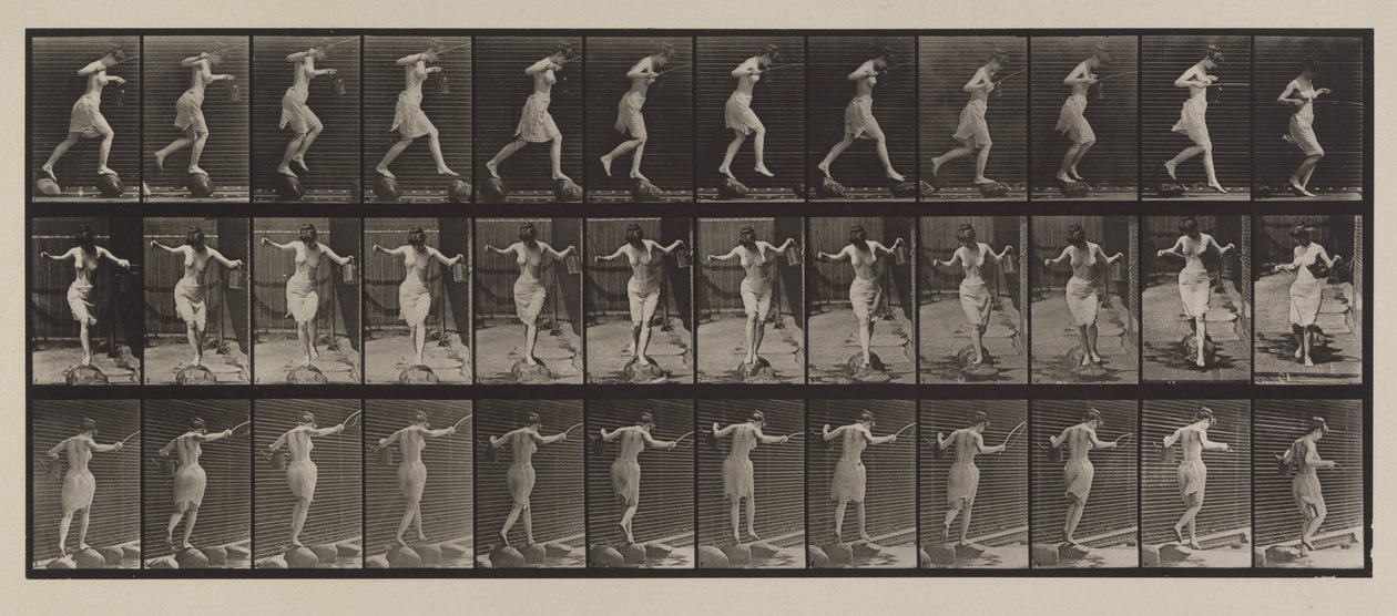 Tavle nummer 175. Krydsende bæk på trinsten med fiskestang og dåse, 1887 (kollotype) af Eadweard Muybridge