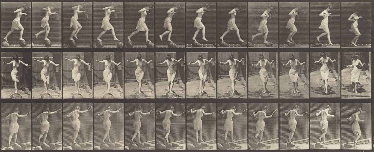 Tavle nummer 175. Krydsende bæk på trappesten med fiskestang og dåse, 1887. af Eadweard Muybridge