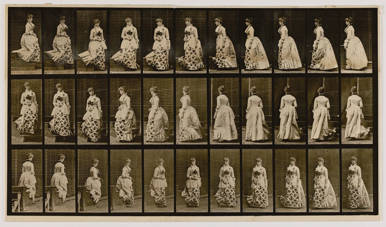 At gå ned ad trapper og vende sig, fra bogen Animal Locomotion af Eadweard Muybridge