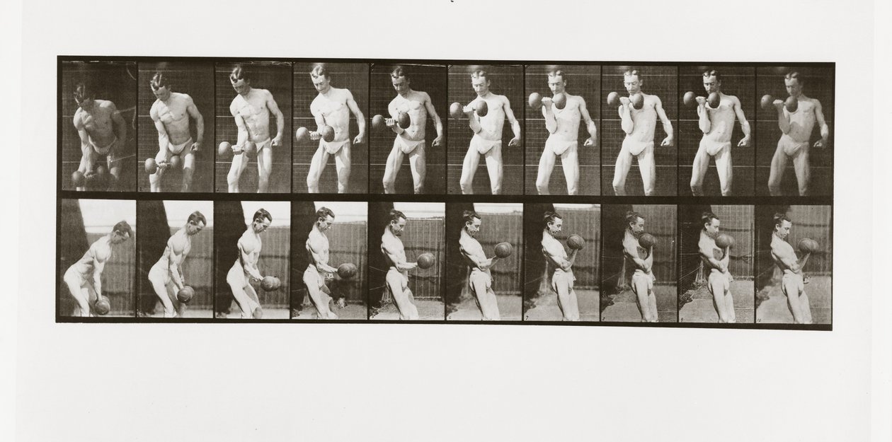 Mand løfter en håndvægt, plade 324 fra Animal Locomotion, 1887 af Eadweard Muybridge