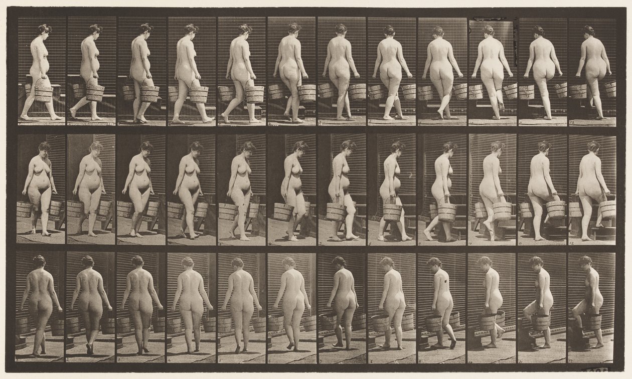 Plade 106. Vending for at gå op ad trapper, spand vand i hver hånd, 1872-1885 af Eadweard Muybridge