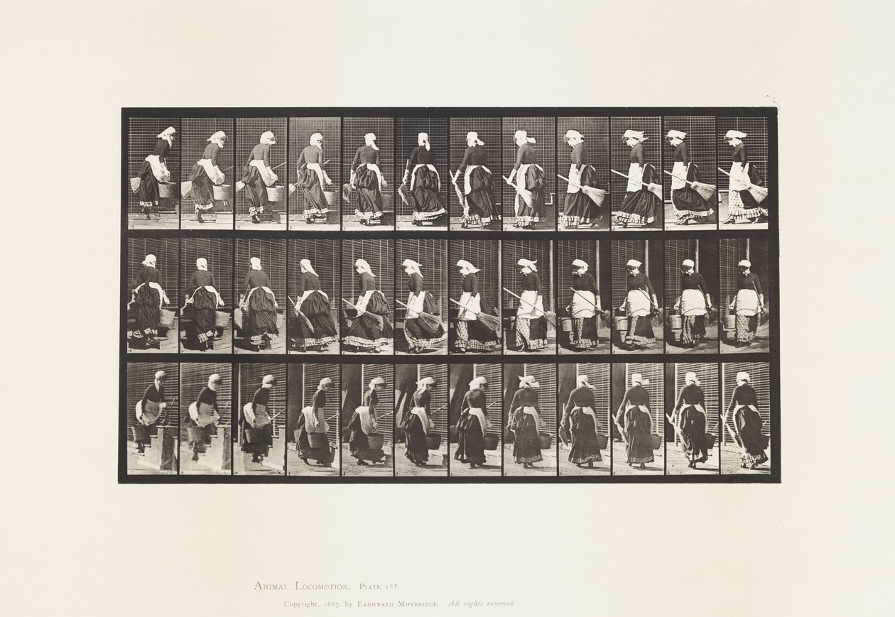 Plade 107. Vending for at gå op ad trappen, spand vand og kost i hænderne af Eadweard Muybridge