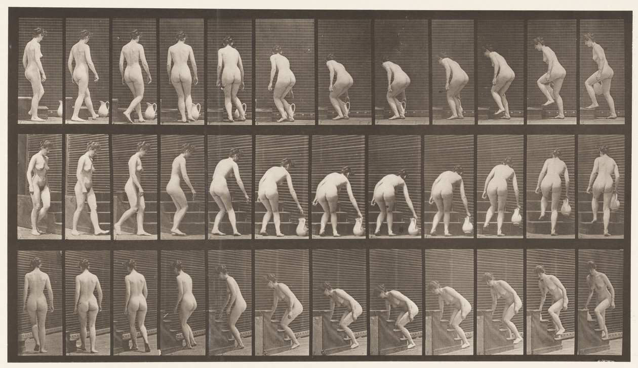 Plade 108. Vende for at gå op ad trapper, bøje sig, løfte en kande, 1872-1885 af Eadweard Muybridge