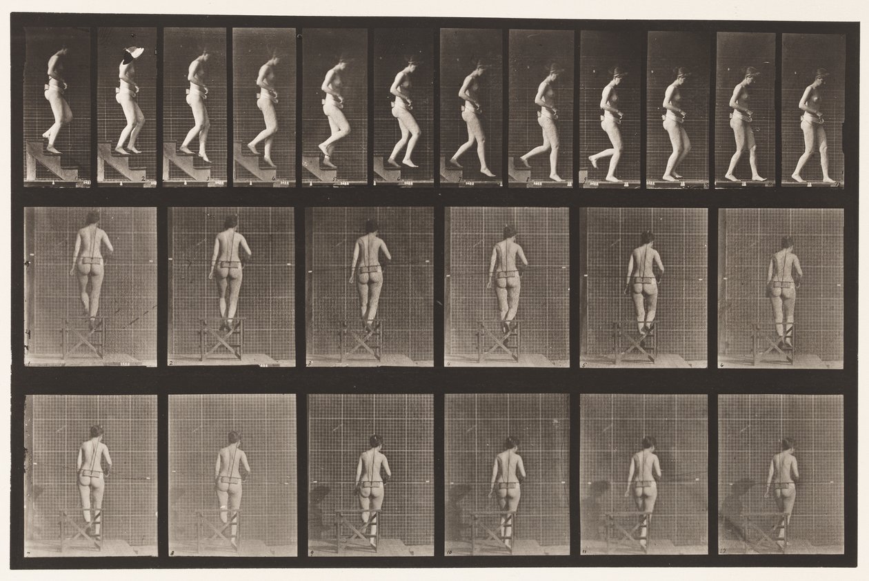 Tallerken 130. Nedadgående trapper, hænderne sammen, 1872-1885 af Eadweard Muybridge
