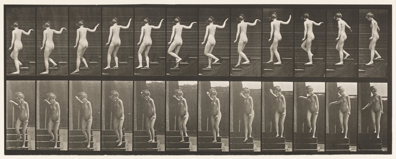 Plade 132. Nedadgående trapper, vende sig for at se sig omkring & vinke med hånden af Eadweard Muybridge