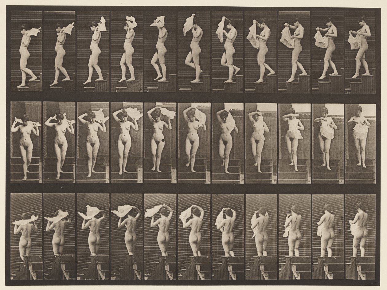 Tavle 133. Nedadgående trapper, kaster lommetørklæde over skuldrene, 1872-1885 af Eadweard Muybridge