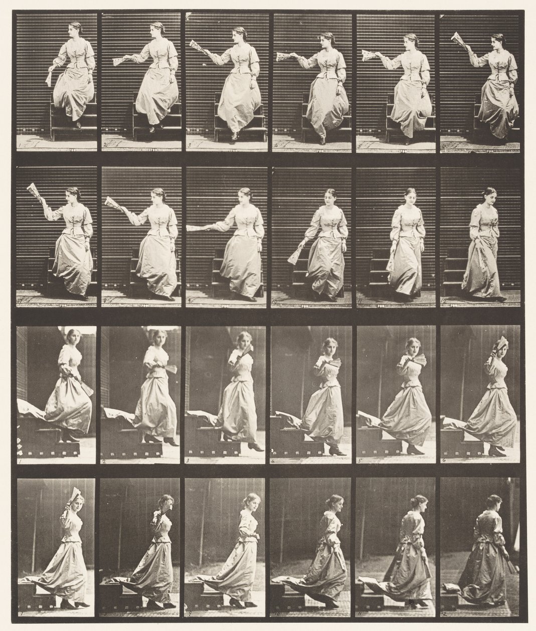 Plade 140. Nedadgående trapper ser sig omkring og vifter vifte af Eadweard Muybridge