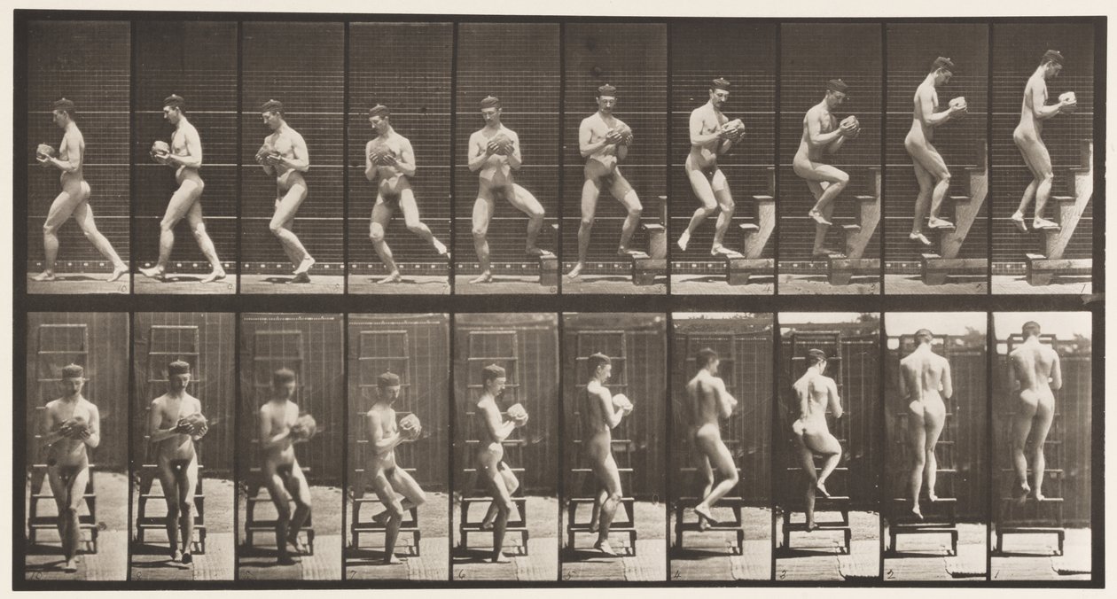 Plade 151. Nedstigende trappestige, vende sig om, klippe i hænder, 1872-1885 af Eadweard Muybridge
