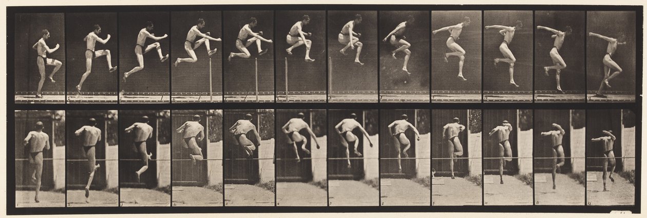 Tallerken 153. Springning; Løb lige højdespring (sko) af Eadweard Muybridge
