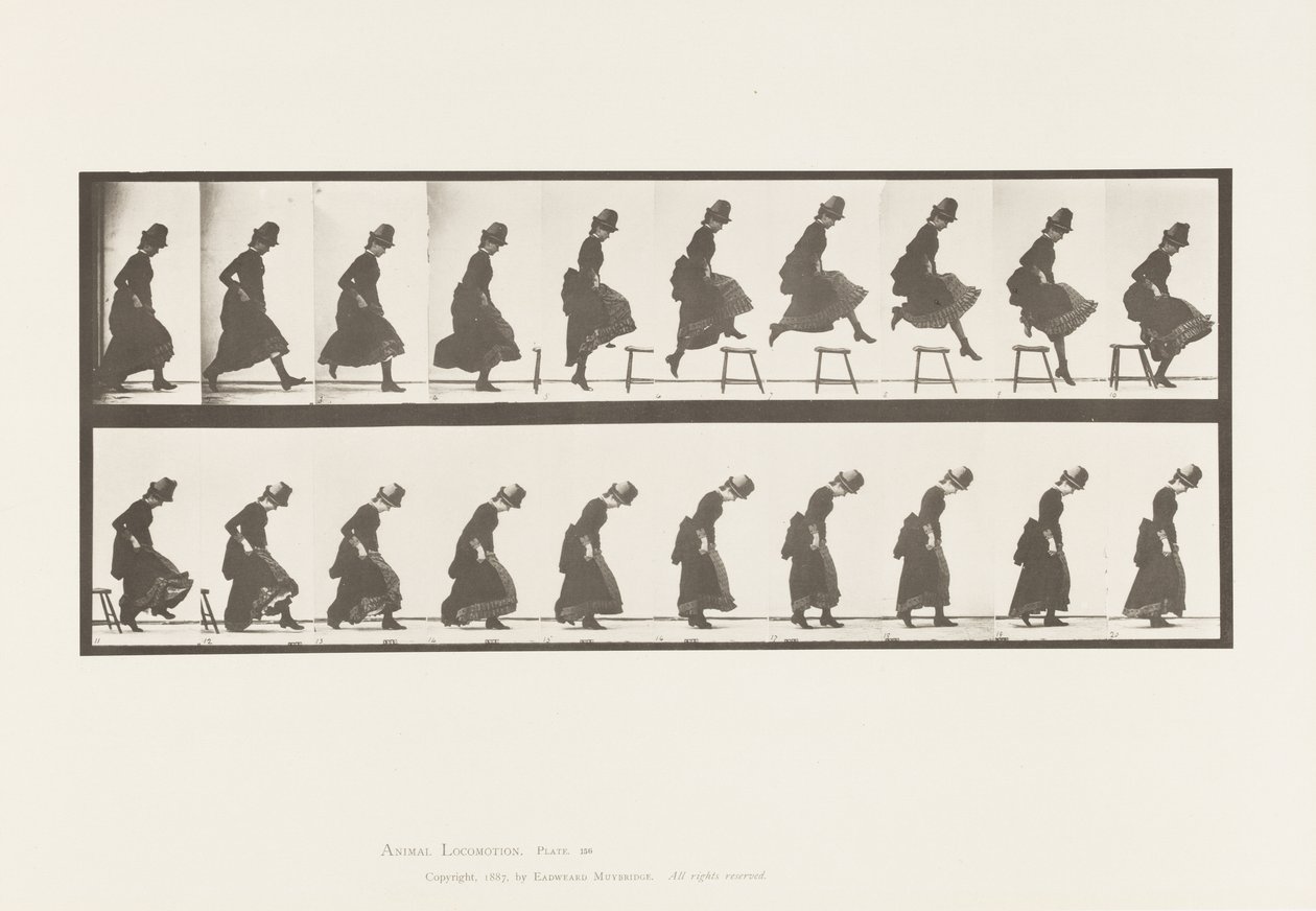 Tallerken 156. Springning; Løb lige højdespring, 1885 af Eadweard Muybridge