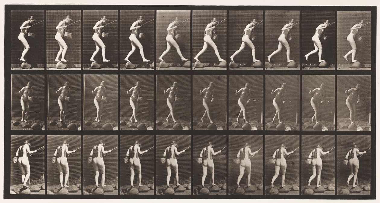 Tavle 176. Krydsende bæk på trappesten med fiskestang og kurv af Eadweard Muybridge