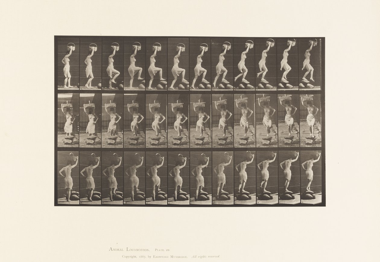 Tallerken 179. At træde på og over en sten, en kurv på hovedet af Eadweard Muybridge