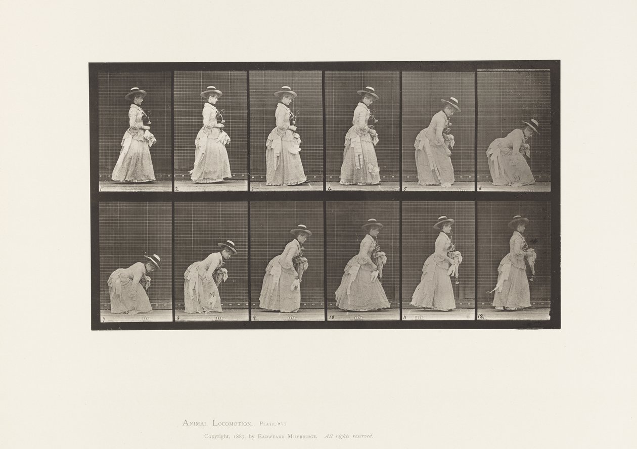 Tallerken 211. Bøje- og løftetørklæde; Parasol i venstre hånd, 1885 af Eadweard Muybridge