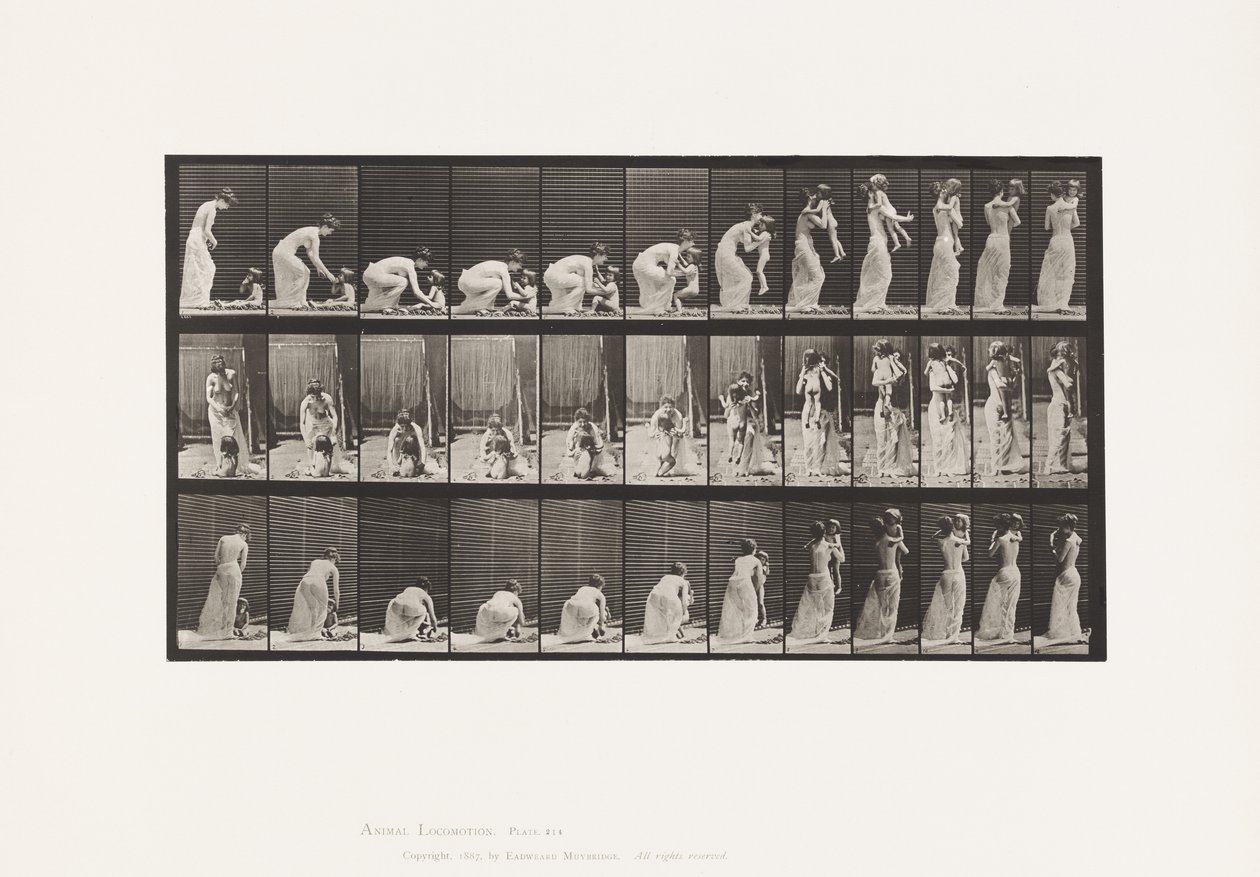 Plade 214. Løfter barn (70) fra jorden, vender sig om af Eadweard Muybridge