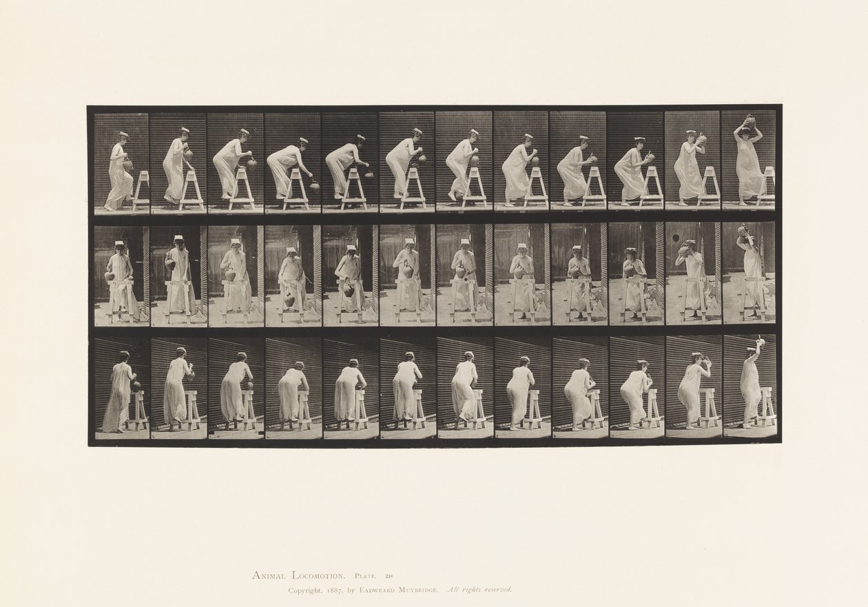 Plade 216. Bøjning for at fylde vandkrukke; Sæt krukken på hovedet af Eadweard Muybridge