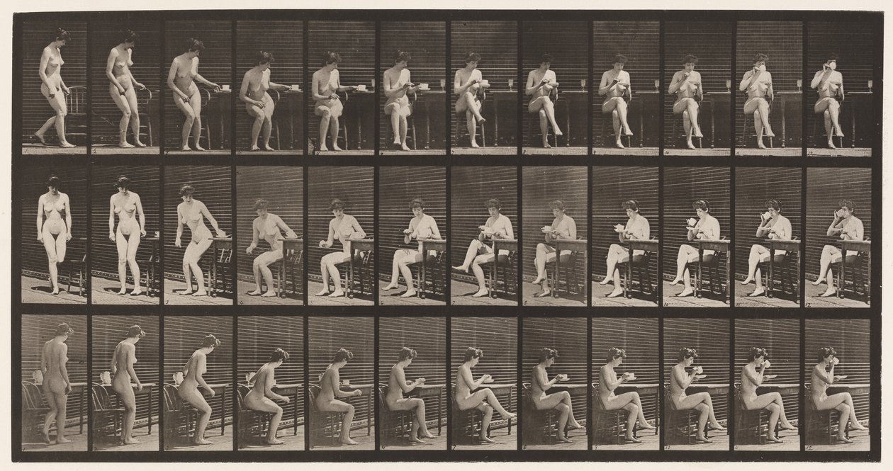 Tallerken 238. Sidder på stol, krydser ben, drikker af tekop af Eadweard Muybridge