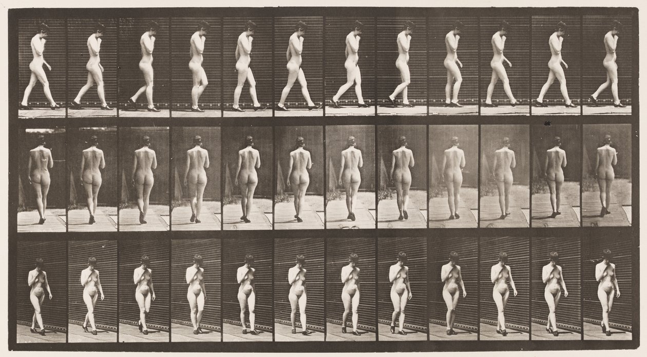 Plade 23. Gå, højre hånd ved hagen, højhælede sko på af Eadweard Muybridge