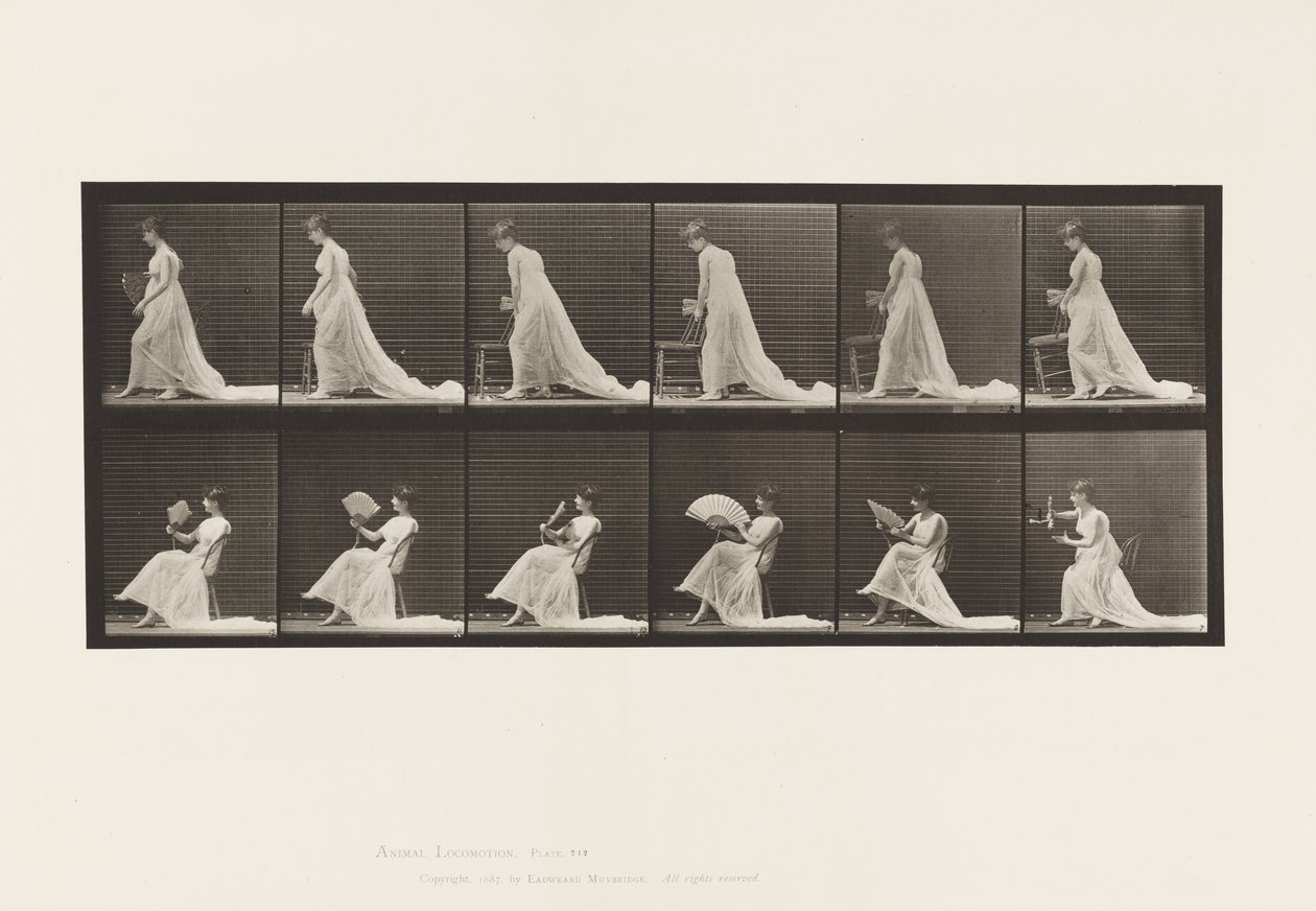 Plade 242.Placering af stol, sidder og flirter en ventilator, 1885 af Eadweard Muybridge