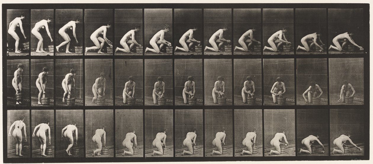Plade 252. Knælende på højre knæ og skrubning af gulvet, 1872-1885 af Eadweard Muybridge