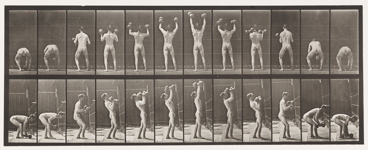 Plade 323. Løft og sænkning af to 50-lb håndvægte af Eadweard Muybridge