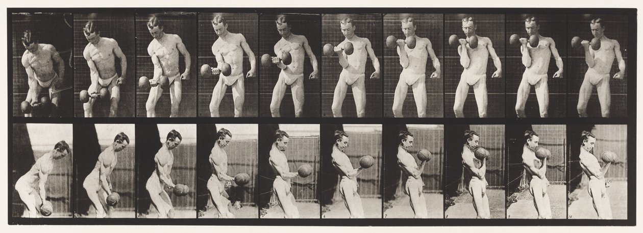 Plade 324. Curling 50-lb. Dumb-Bell, model, 3/4 længde af Eadweard Muybridge