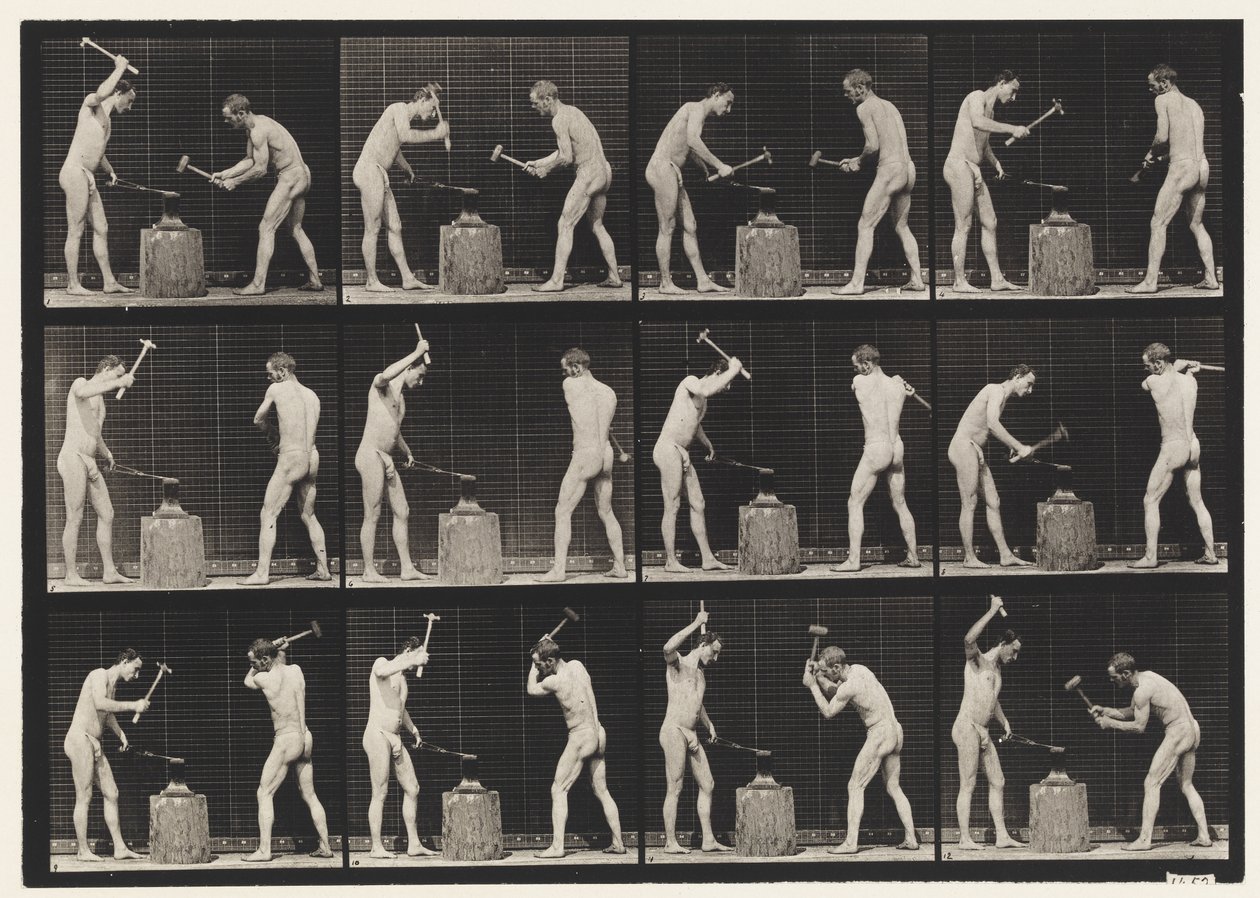 Tavle 374. Smede, to modeller, hamring på ambolt af Eadweard Muybridge