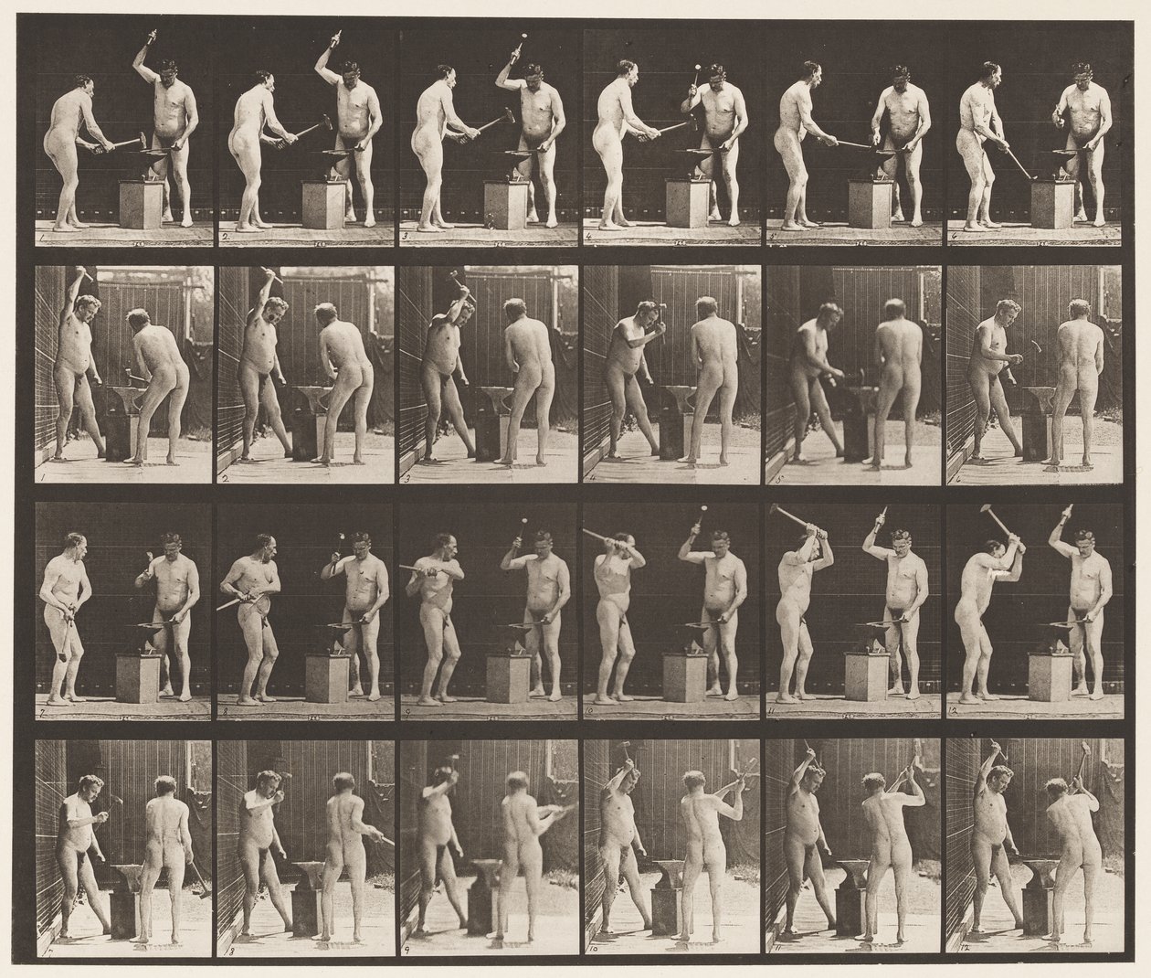 Tavle 377. Smed, to modeller, hamring på Advil, 1872-1885 af Eadweard Muybridge