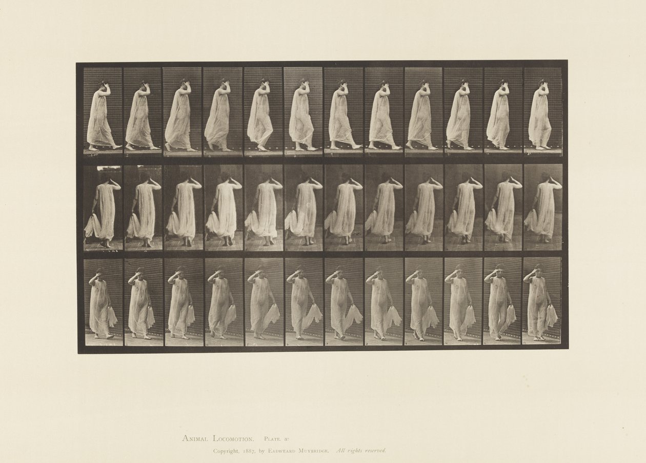 Plade 37. Gående kjole med venstre hånd, højre hånd ved ansigtet, 1872-1885 af Eadweard Muybridge