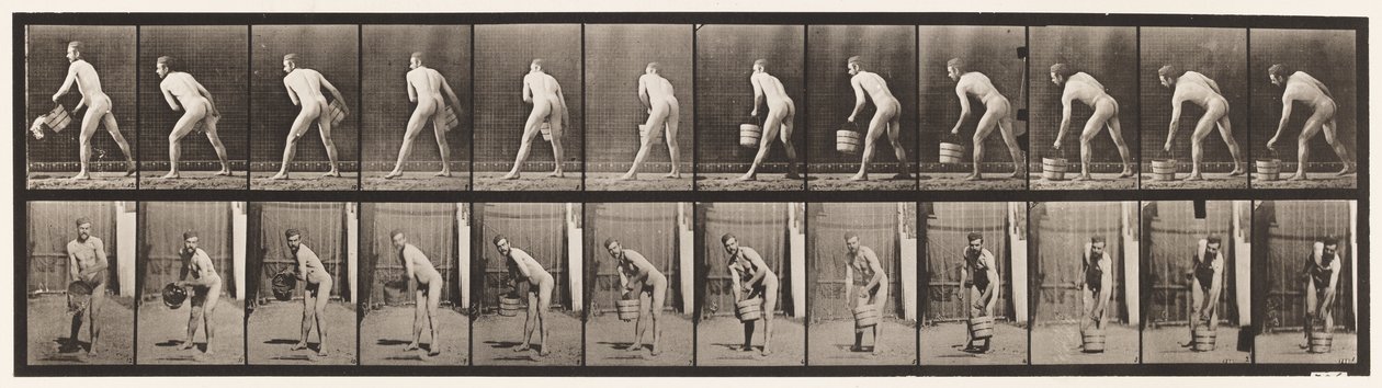Plade 398. Løfter en spand vand til tom, 1872-1885 af Eadweard Muybridge