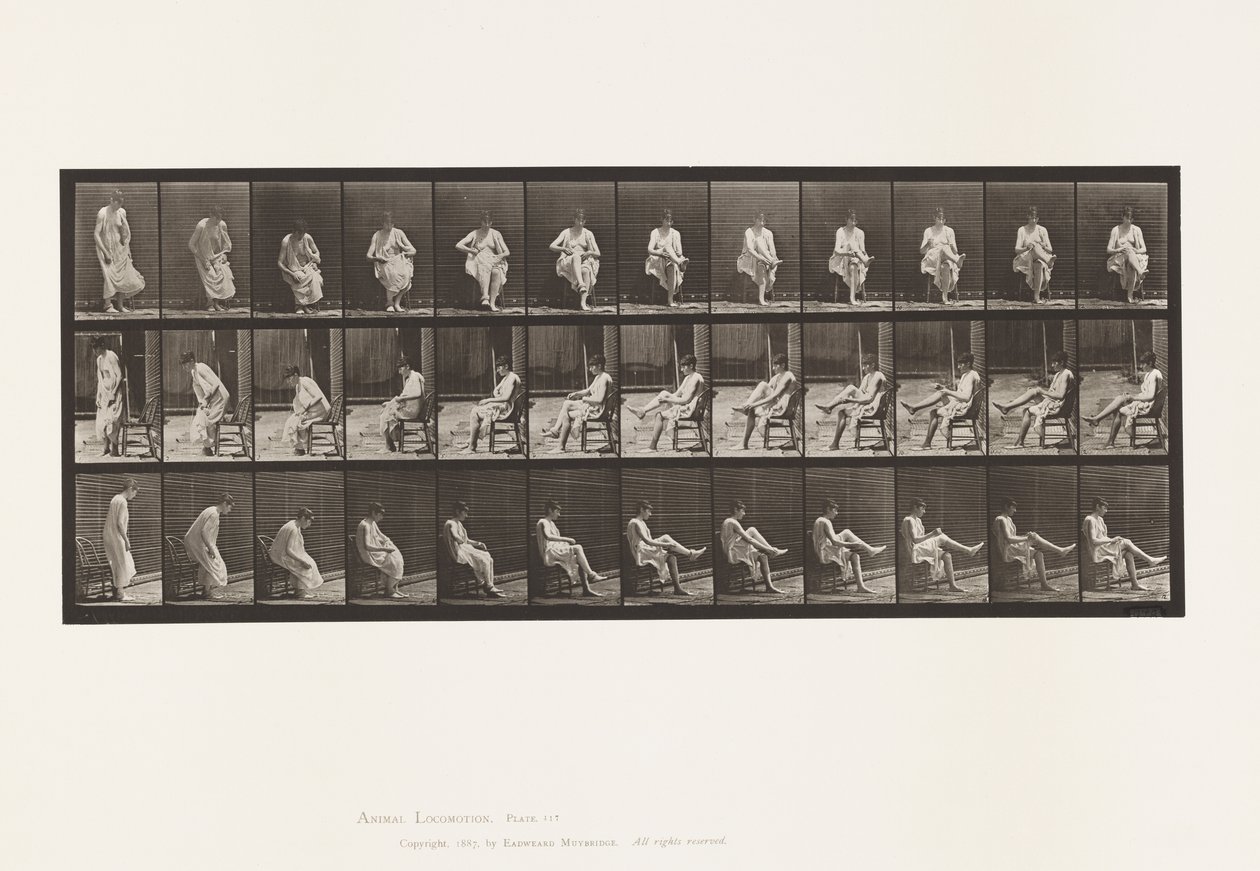 Tallerken 417. Toilet; Sidder og tager strømper på af Eadweard Muybridge