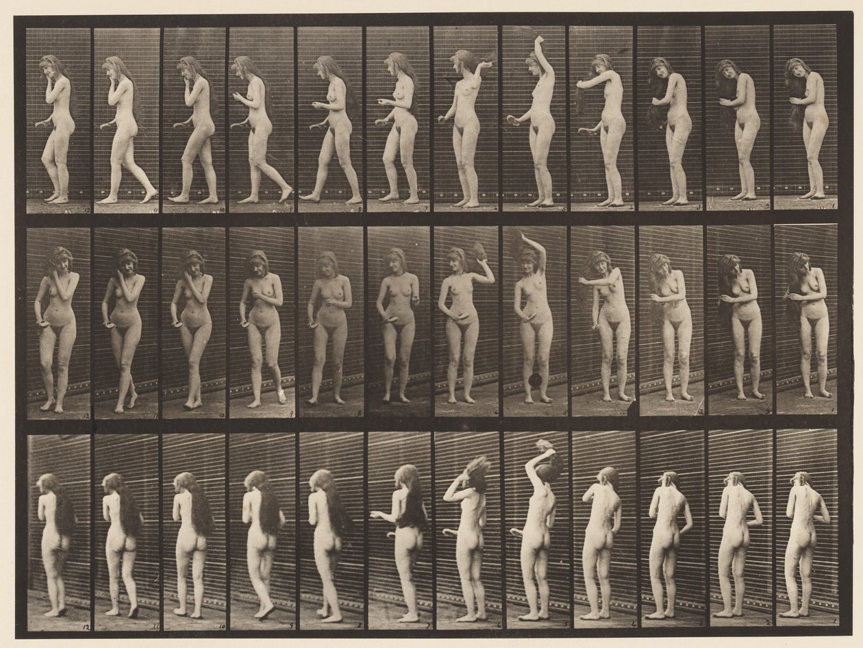 Tallerken 426. Toilet; Børste hendes hår og gå af, 1872-1885 af Eadweard Muybridge